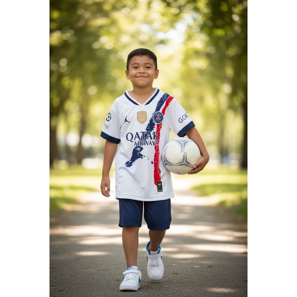 Paris Saint-Germain PSG Jordan Fourth Jersey Kids White Soccer Top Qatar Airways